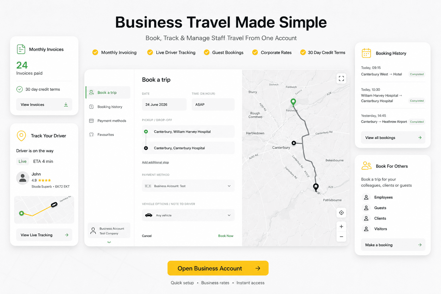 East Kent Taxis business account portal — live tracking, booking history and monthly invoicing